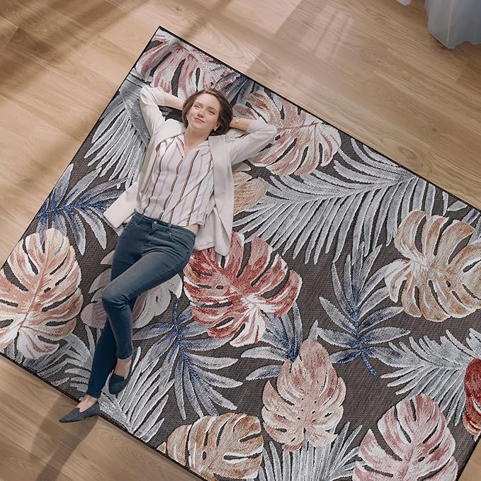 CAMILSON Indoor Outdoor Rug, Brown 10’x14’ Leaf Tropical Botanical Area Rugs for Indoor and Outdoor patios, Easy-Cleaning Non-Shedding Living Room, Garden and Kitchen Washable Outside Carpet (10x14)
