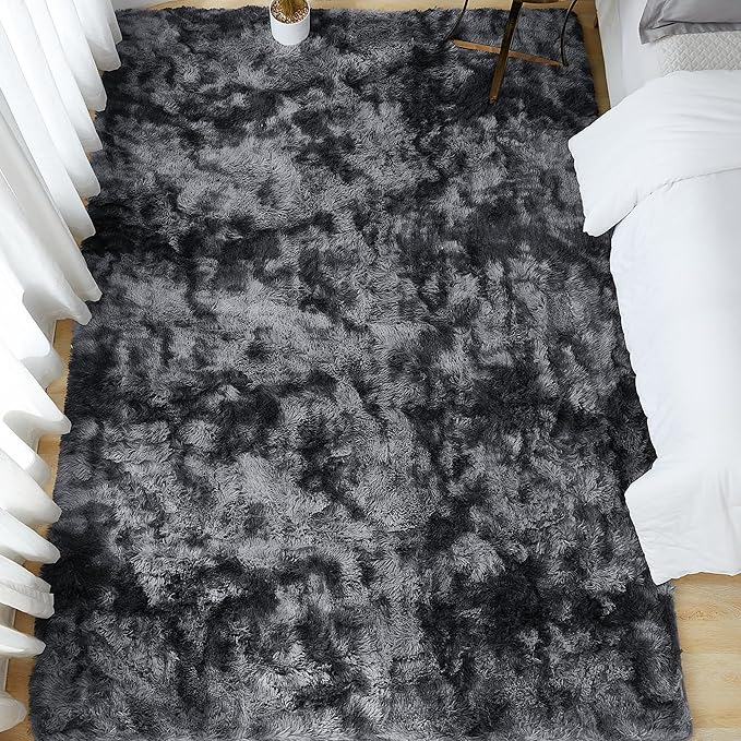 Andency 6x9 Area Rugs, Large Shag Fluffy Soft Shaggy Rugs for Living Room Bedroom, Non-Slip Tie-Dyed Dark Grey Thick Plush Carpet for Kids Girls and Boys, Dorm Nursery Home Decor Aesthetic
