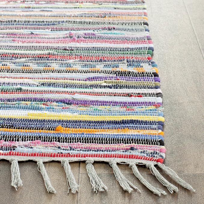 SAFAVIEH Rag Rug Collection Runner Rug - 2'3" x 8', Grey & Multi, Handmade Boho Stripe Cotton, Ideal for High Traffic Areas in Living Room, Bedroom (RAR121M)
