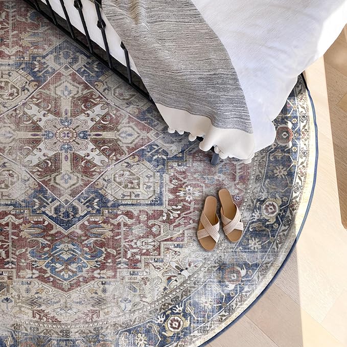 RUGGABLE Washable Vintage Area Rug – Kamran Royal Blue 8 ft Round, Stain-Resistant, Non-Slip – Large Machine Washable Rugs for Living Room, Bedroom, Hallway, Entryway & Office–with Cushioned Pad