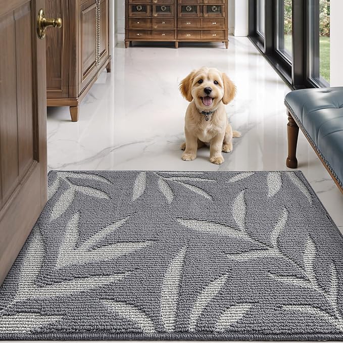 LUMI Indoor Door Mat 48x72, Washable Front Doormat with Welcome Leaf Pattern, Non-Slip Rubber Back Absorbent Mats for Entrance, Patio, Garage, Light Grey