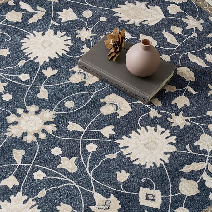 EVERGRACE Hallyway Area Runner Rugs 2x10, Boho Floral Faux Wool Indoor Outdoor Rugs, Washable Rugs for Bedroom Dining Room Living Room Kitchen, Low Pile Floor Mat Carpet for Home Decor, Navy Blue