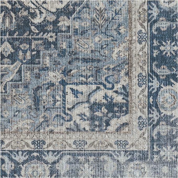 RUGGABLE Washable Area Rug – Kamran Admiral Blue 2x3, Stain-Resistant, Non-Slip – Small Machine Washable Rugs for Living Room, Bedroom, Hallway, Entryway & Bathroom–with Cushioned Pad