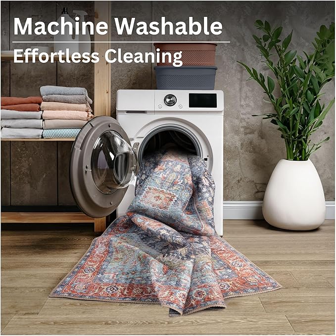 Bloom Rugs Washable Non-Slip 7 ft Runner - Terracotta/Blue Traditional Medallion Runner for Entryway, Hallway, Bathroom, and Kitchen - Exact Size: 2.5' x 7'