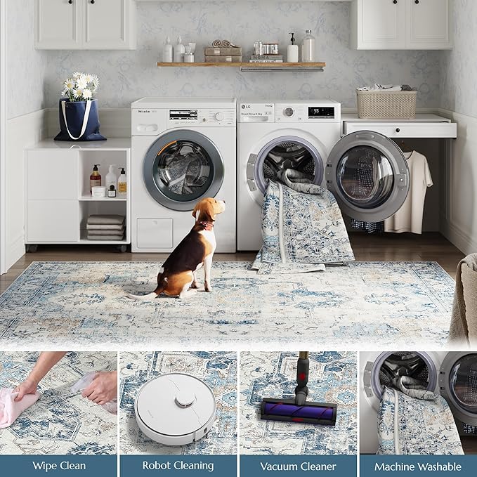 jinchan Kelda Runner Rug 3x7 Vintage Hallway Rug Kitchen Washable Runner Retro Floor Cover Lightweight Non-Slip Low Pile Thin Distressed Carpet for Entryway Bathroom Laundry Room Bedroom Stairway Blue