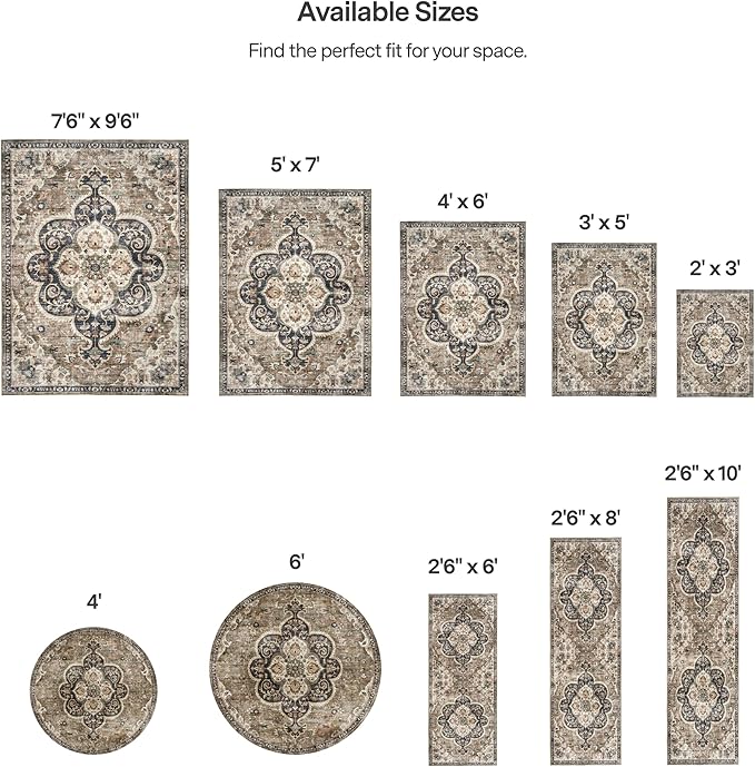 ReaLife Rugs Machine Washable Area Rug - Living Room Bedroom Bathroom Kitchen Entryway Office - Non Slip Low Pile Stain Resistant Premium - Boho Farmhouse Vintage - Joy - Brown Beige 4' Round