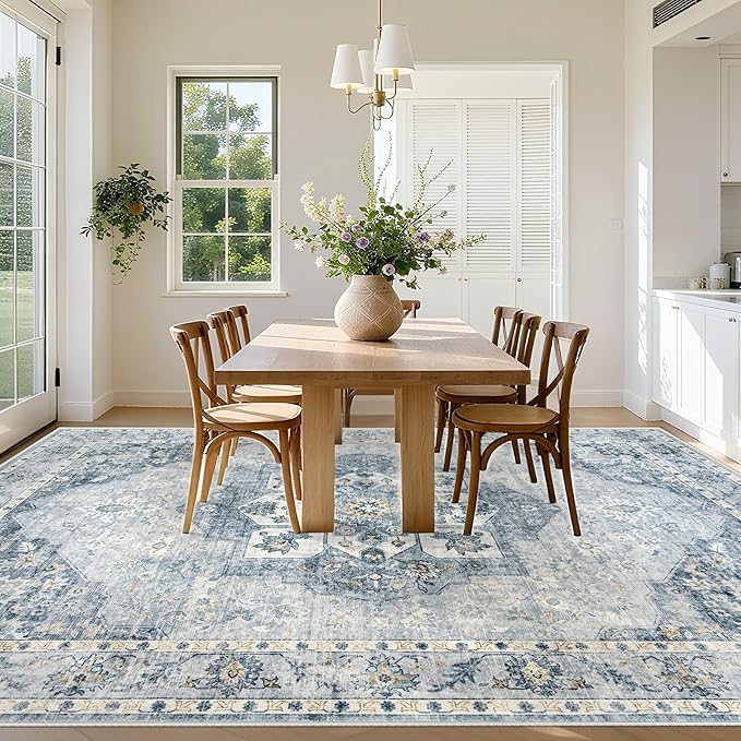 9x12 Area Rugs Washable Rugs for Living Room, Large Vintage Boho Rug Non-Slip Soft Floral Distressed Rug Low Pile Stain Resistant Carpet for Bedroom Nursery Office Dining Room Farmhouse(Blue, 9'x12')