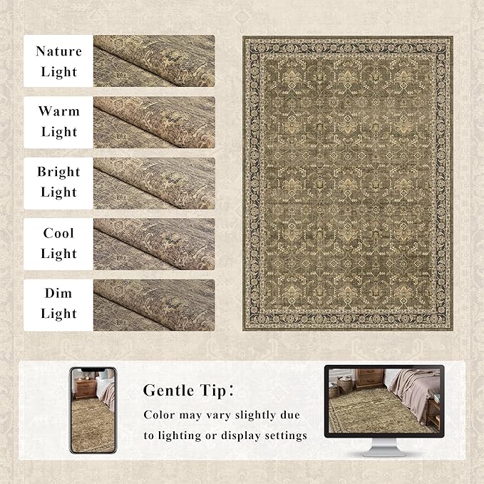 Washable Area Rug 9x12 Brown Rugs for Living Room, Vintage Boho Large Rug for Bedroom Dining Room Office, Distressed Floral Print Carpet for Under Table, Soft Non Slip Low Pile Throw Carpet Indoor Mat