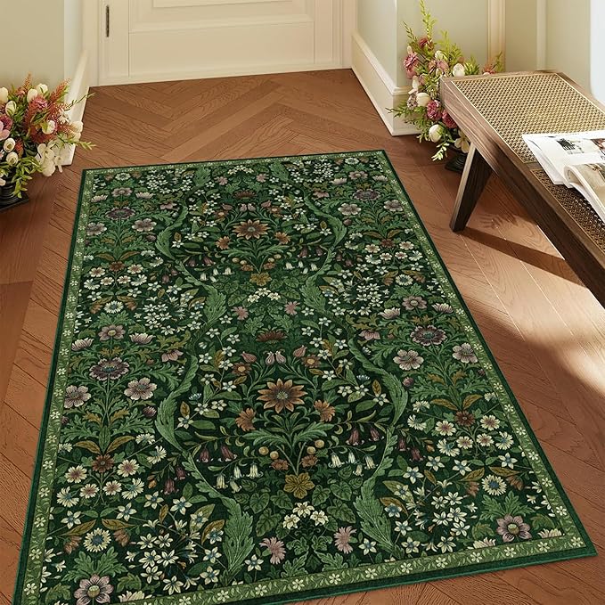 3x5 Dark Green Boho Floral Vintage Area Rug,Soft Lightweight Low Pile Non-Shedding Carpet,Machine Washable Stain Resistant & Non-Slip for Entryway,Bedroom, Kids Room,Living Room