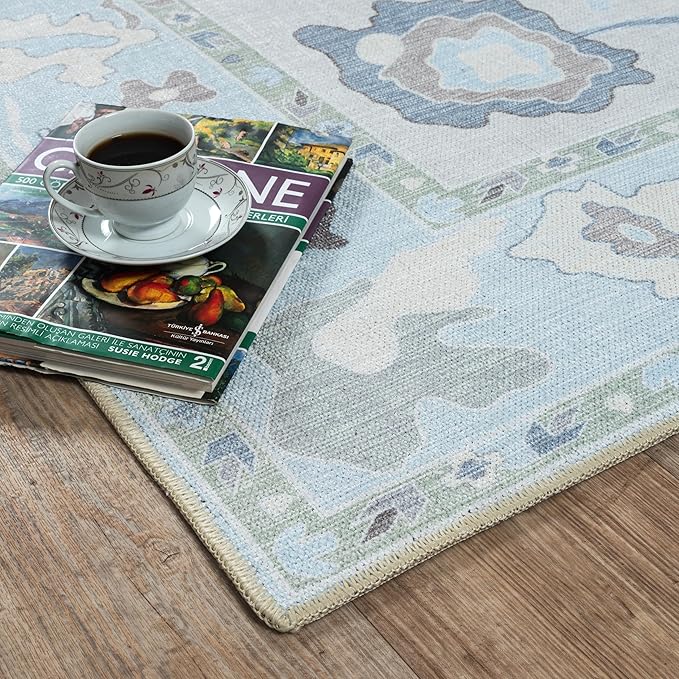 Fame Living Cream Blue Oushak Rug, Modern, Vintage, Turkish, Eclectic, Floral, Pastel, Washable, Oversized, Extra Large Area Rugs for Living Room, Dining, Bedroom, Lounge 9'5"x14'
