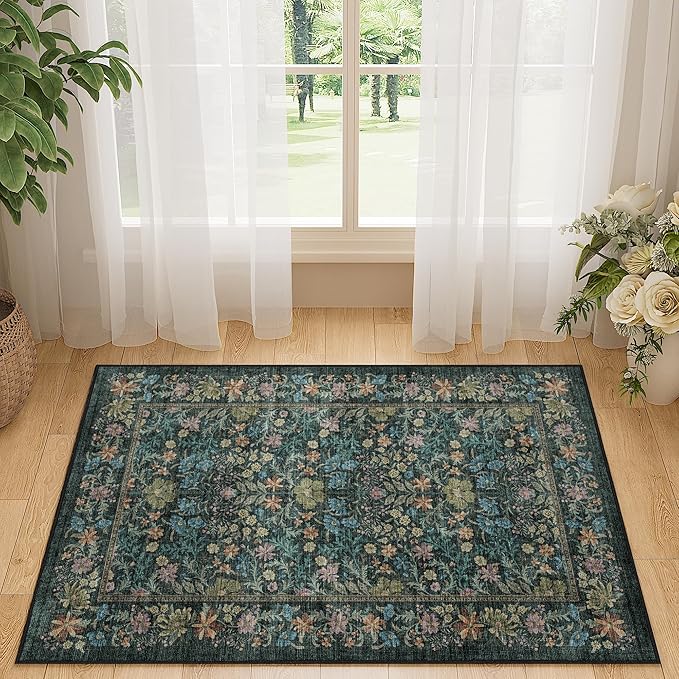DUKINO 2x3 Entryway Rug, Floral Washable Area Rug with Non Slip Indoor Door Mat, Vintage Low Pile Small Front Door Throw Carpet for Kitchen, Entrance, Bathroom, Bedroom, Blue