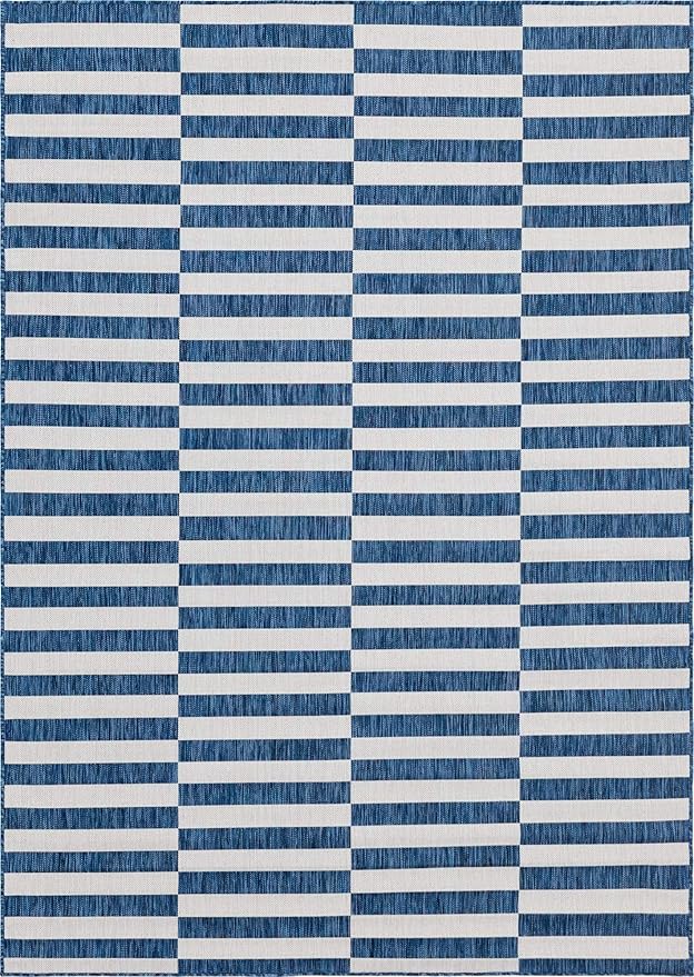 Unique Loom Outdoor Striped Collection Area Rug - Striped (7' 1" x 10' Rectangle, Blue/Ivory)