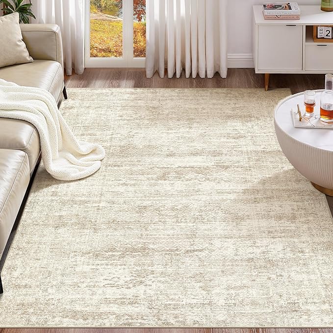 5x7 Area Rug Living Room Rugs - Washable Neutral Modern Abstract Soft Thin Rug Indoor Floor No Slip Rug Carpet for Bedroom Under Dining Table Home Office Decor - Beige/Brown