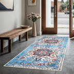 GLN Rugs Traditional Collection - Machine Washable Area Rug, Traditional Washable, Non Slip, Low Pile Chenille Rug, Living Room, Bedroom, Kitchen Rug (2'6" x 10' Blue/Multicolor)
