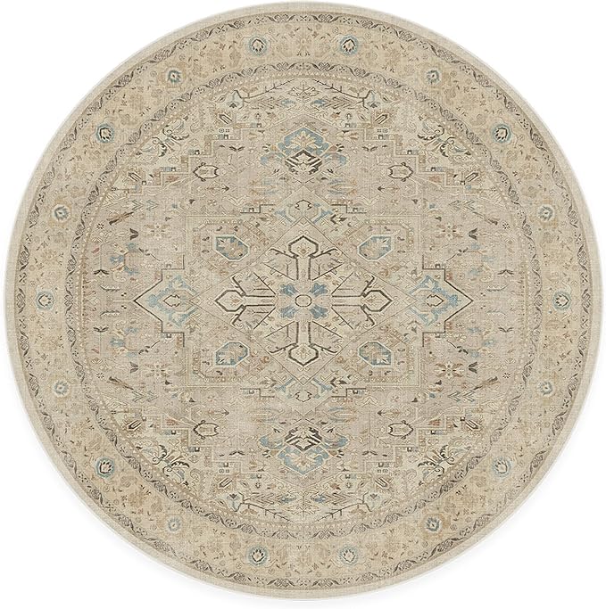 RUGGABLE Washable Vintage Area Rug – Kamran Ivory Opal 6 ft Round, Stain-Resistant, Non-Slip – Medium Machine Washable Rugs for Living Room, Bedroom, Hallway, Entryway & Office–with Cushioned Pad