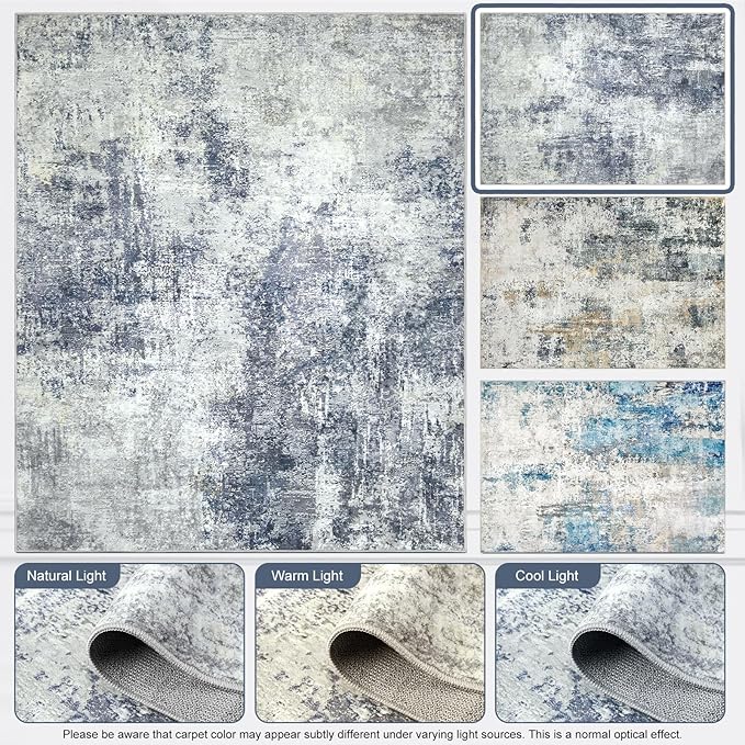 Washable Area Rug 5x7 - Neutral Modern Abstract Rugs, Soft Non Slip Thin Carpet with for Bedroom, Under Dining Room Table, Home, Office, Dorm, Office Rolling Chair - Indigo Gray