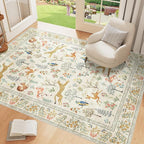 DUKINO 3x5 Rug, Washable Animal Area Rug with Non Slip Vintage Design, Indoor Soft Low Pile Carpet for Bedroom, Nursery, Dining Room, Farmhouse, Playroom, White