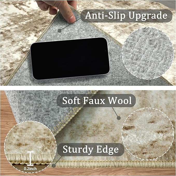 6x9 Machine Washable Area Rug for Living Room, Brown Modern Vintage Abstract Rug Large Non-Slip Low Pile Soft Faux Wool Carpet, Kids and Pets Friendly for Bedroom Dining Room Farmhouse Home Decor Rug