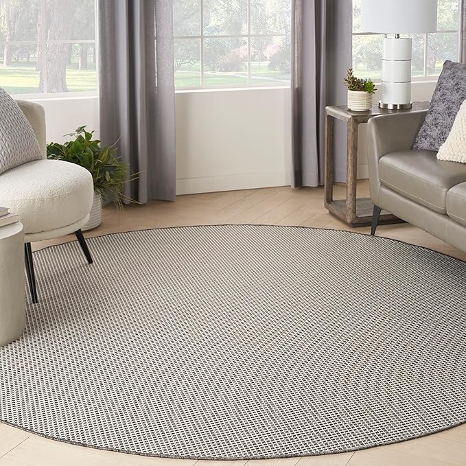 Nourison Home Courtyard Ivory Charcoal 6' x Round Area Rug - Easy Clean, Non Shedding, Bed Room, Living Room, Dining Room, Kitchen (6' x Round)