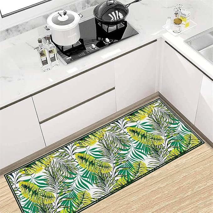 Green Botanical Tropical Leaves Rug 2x7ft - Non-Slip Washable Runner, Soft Durable Floor Mat for Hallway, Kitchen, Bedside, Entryway Home Decor