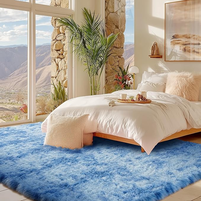 Andency Area Rugs 9x12 for Living Room Home Decor, Large Shaggy Bedroom Carpet, Non-Slip Big Shag Indoor Thick Soft Fluffy Furry Fur Area Rugs for Kids Dorm Nursery Aesthetic, Tie-Dyed Blue