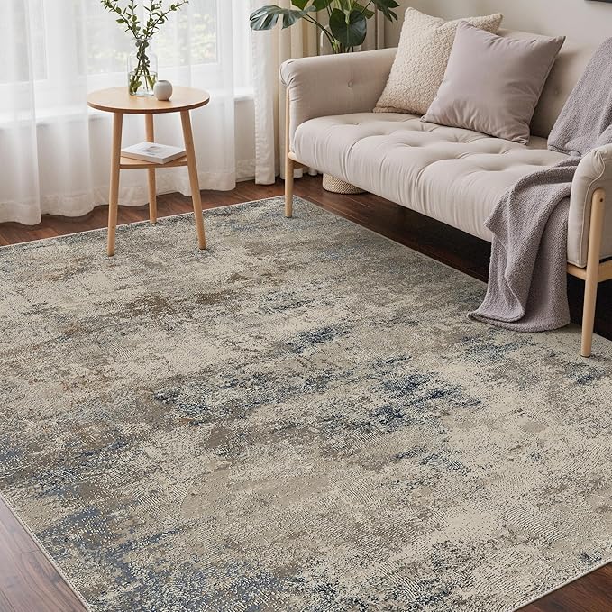 GENIMO Washable 5x7 Area Rugs for Living Room, Non Slip Modern Abstract Rug, Machine Washable Stain Resistant Low Pile Soft Carpet for Bedroom, Dining, Office, Grey Beige