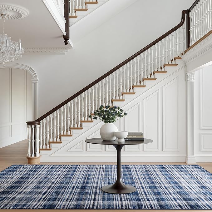 Dash & Albert Denim Plaid Blue Machine Washable Rug, 6 X 9 Feet, Blue/White Plaid Pattern