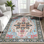 WILLSUN Washable Area Rugs, 3x5 Non-Slip Boho Large Area Rugs for Living Room, Bedroom, Machine Washable Vintage Rug, Indoor Floral Print Carpet for Home Decor, Kid & Pet Friendly Mat