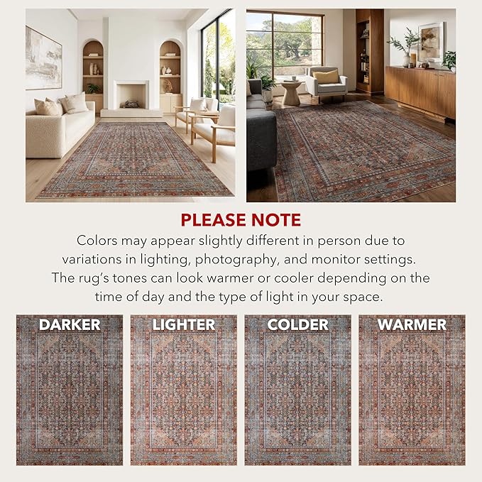 Kuden 6x9 Area Rug, Machine Washable Area Rug with Non-Slip Backing, Vintage Style, Soft, Easy Clean, Low Pile Rug for Living Room, Bedroom, Dining Room