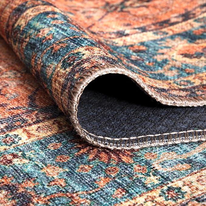 Bloom Rugs Washable Non-Slip 12 ft Runner - Orange/Teal Blue Traditional Bordered Runner for Entryway, Hallway, Bathroom, and Kitchen - Exact Size: 2.5' x 12'