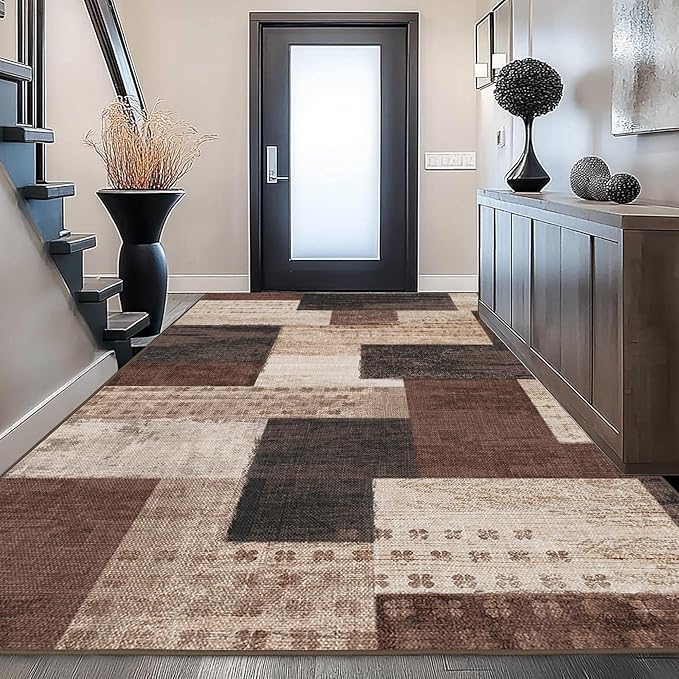 Modern Geometric Patchwork Indoor Area Rug for Living Room, Chocolate 8'x 10' Large Rug Rockwood Collection Hardwood Floors Decor for Bedroom, Brown Throw Carpet for Office Entryway Dining Room