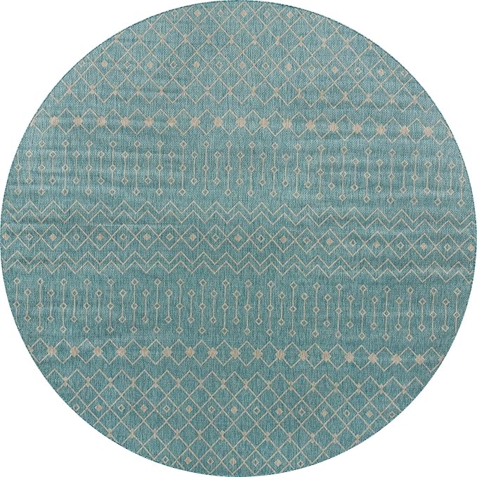 Unique Loom Outdoor Trellis Collection Area Rug - Tribal Trellis (13' Round, Aqua/ Ivory)
