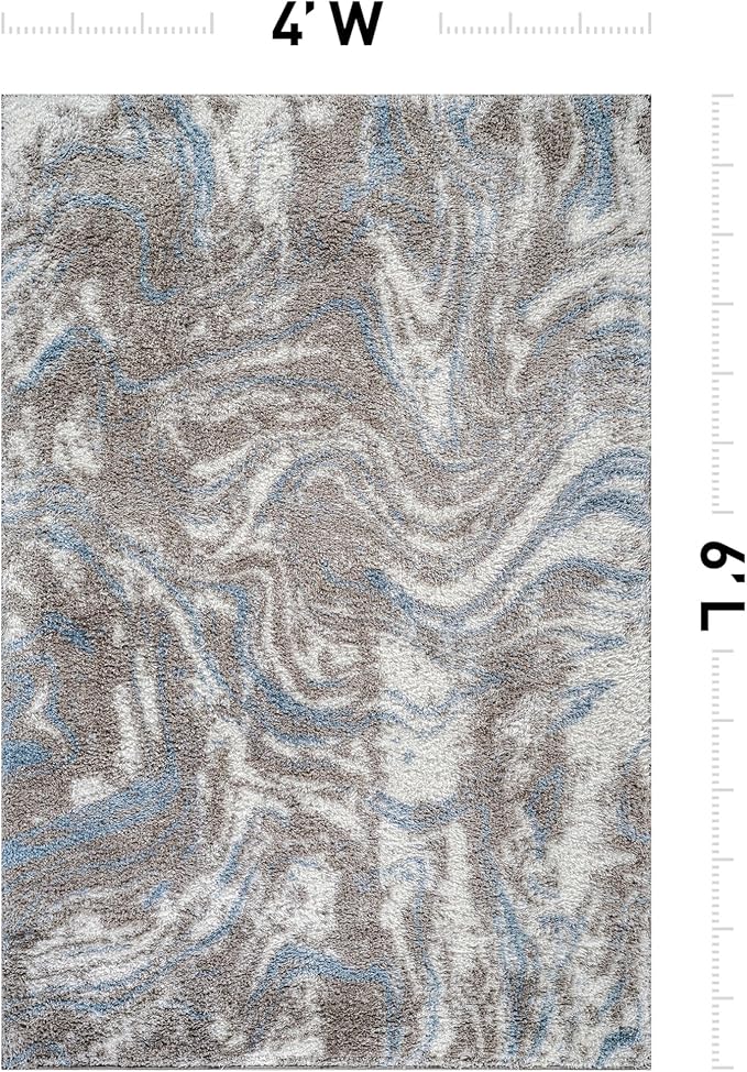 Rugshop Abstract Marble Shag Area Rug Blue 4' x 6' Ideal for Small Living Rooms, Offices, or Beside The Bed