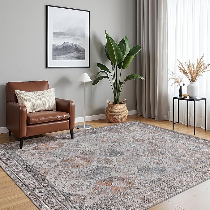 Bavni Washable Rug 6x9 Area Rug for Living Room Bedroom Dining, Washable Vintage Print Carpet, Ultra-Thin Chenille Low Pile Lightweight Rug with Non Slip Backing, Retro Grey