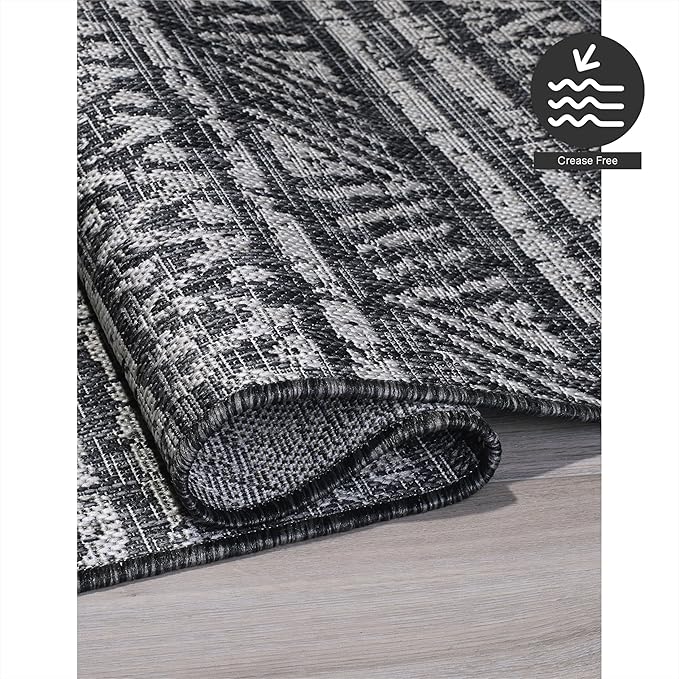 FH Home Flat Woven Outdoor Rug - Waterproof, Easy to Clean, Stain resistant - Premium Polypropylene Yarn - Striped Boho - Patio,Deck,Porch,Balcony, Laundry Room - Amman - Charcoal - 3ft 11in x 5ft 6in