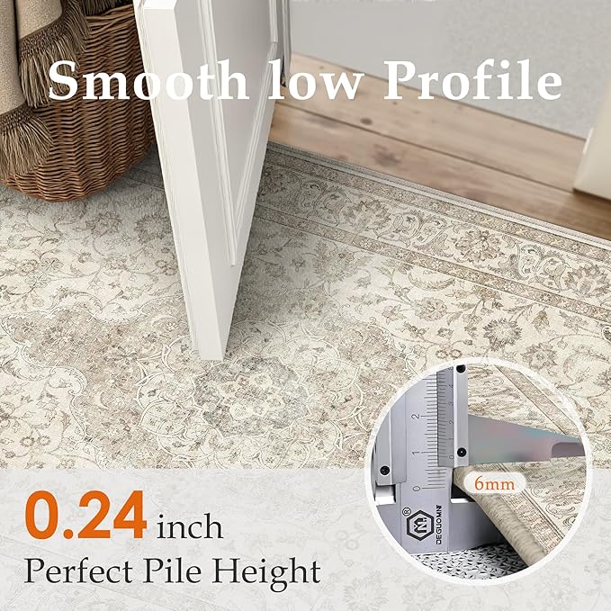 HUGEAR 2x6 Runner Rug Hallway Vintage Brown Machine Washable Neutral Floral Low Pile Carpet Vacuumable Thin Long Throw Rug Bedroom Office Bathroom Kitchen Laundry Non Slip Soft Lightweight