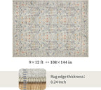 Washable Living Room Rug: 9x12 Boho Floral Soft Area Rug for Bedroom Decor - Vintage Low Pile Thin Carpet for Dining Room Non-Slip - Farmhouse Stain Resistant Rugs - Beige Blue