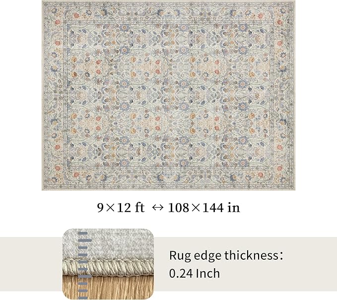 Washable Living Room Rug: 9x12 Boho Floral Soft Area Rug for Bedroom Decor - Vintage Low Pile Thin Carpet for Dining Room Non-Slip - Farmhouse Stain Resistant Rugs - Beige Blue