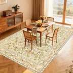 5x7 Area Rugs for Living Room, Machine Washable Non-Slip Carpet, Boho Floral Low Pile Throw Rugs for Bedroom, Dining Room, Office, Nursery, Vintage Home Decor（Beige）