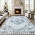 6x9 Area Rugs Washable Rugs for Living Room, Vintage Boho Rug Non-Slip Soft Floral Distressed Rug Low Pile Stain Resistant Carpet for Bedroom Nursery Office Dining Room Farmhouse Dorm(Blue, 6'x9')