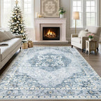 6x9 Area Rugs Washable Rugs for Living Room, Vintage Boho Rug Non-Slip Soft Floral Distressed Rug Low Pile Stain Resistant Carpet for Bedroom Nursery Office Dining Room Farmhouse Dorm(Blue, 6'x9')