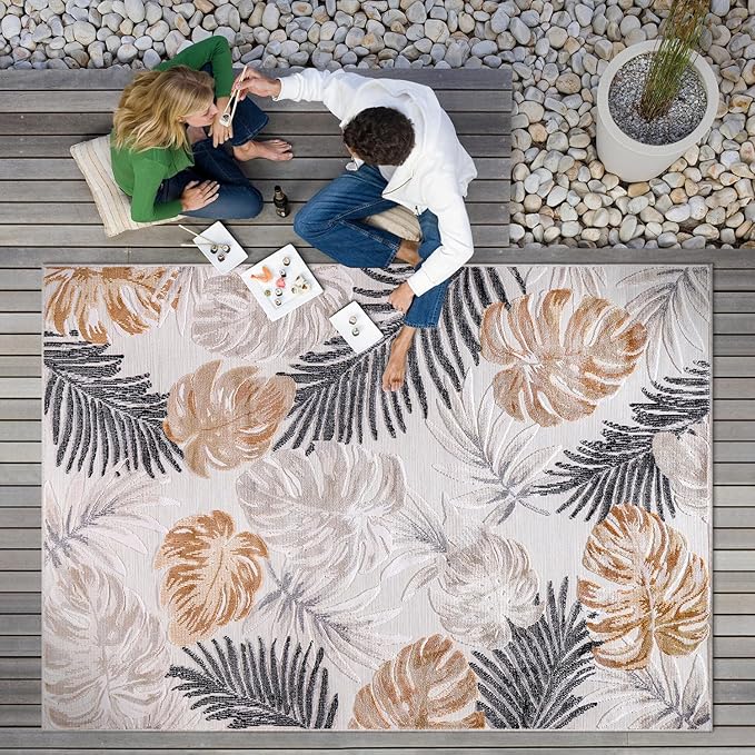 CAMILSON Indoor Outdoor Rug, Yellow 10’x14’ Leaf Tropical Botanical Area Rugs for Indoor and Outdoor patios, Easy-Cleaning Non-Shedding Living Room, Garden and Kitchen Washable Outside Carpet (10x14)