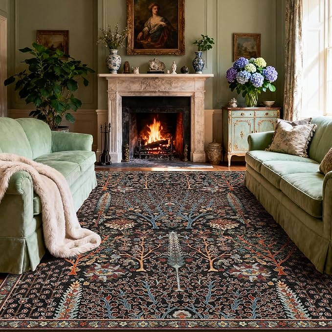 Kokia Boho Vintage Floral Area Rugs, Washable Oriental Botanical Rugs for Living Room, Bedroom, Dining Room, Office, Large Soft Indoor Area Rug, Wild Black，9x12