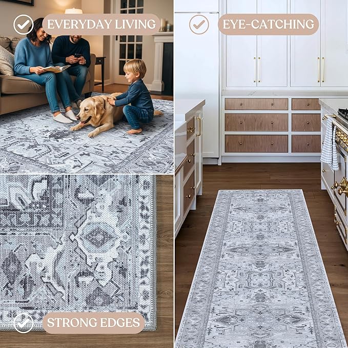 Fame Living Washable Area Rug. Modern Farmhouse. Vintage. Turkish. Bohemian. Distressed. Oriental. Traditional. Rugs for Living Room. Dining. Bedroom. Office. Entryway. Foyer. (861GG, 5' x 6'9")