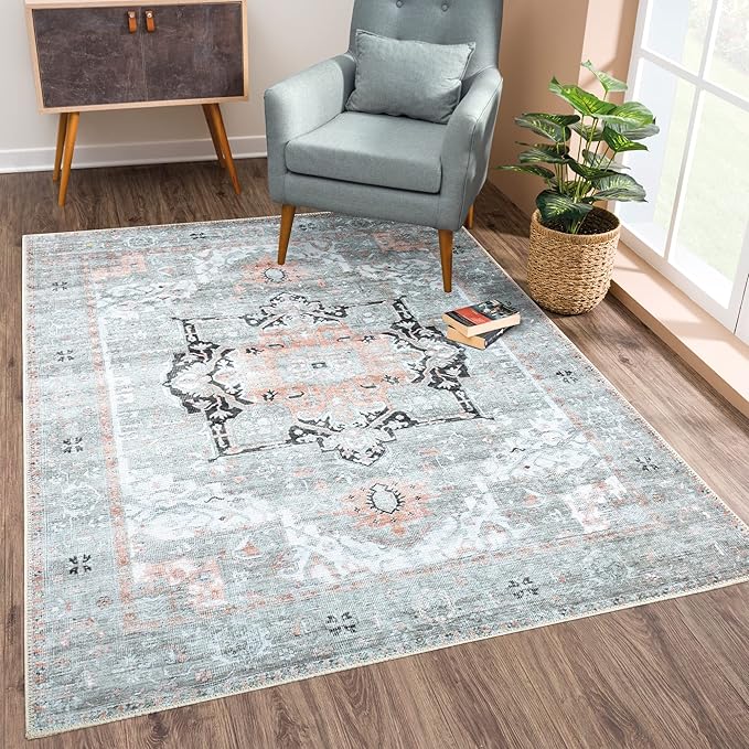 Bloom Rugs Washable Non-Slip 6' x 9' Rug - Gray/Coral Pink Traditional Area Rug for Living Room, Bedroom, Dining Room, and Kitchen - Exact Size: 6' x 9'