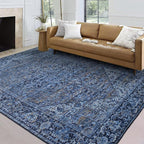 ReaLife Rugs Machine Washable Area Rug - Living Room Bedroom Bathroom Kitchen Entryway Office - Padded Low Pile Stain Resistant Premium - Boho Vintage Traditional - Lyle - Blue 5' x 7'