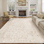 Beige Area Rug 8x10 Machine Washable Large Vintage Living Room Distressed Non Slip Carpet Traditional Indoor Bedroom Retro Floral Accent Throw Rug for Office Kitchen Dining Room