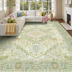 Kokia 9x12 Washable Sage Green Area Rugs with Vintage Orient Design, Soft Rug for Living Room or Bedroom, Non-Slip Low Pile Stain Resistance Features, Distressed Medallion Pattern