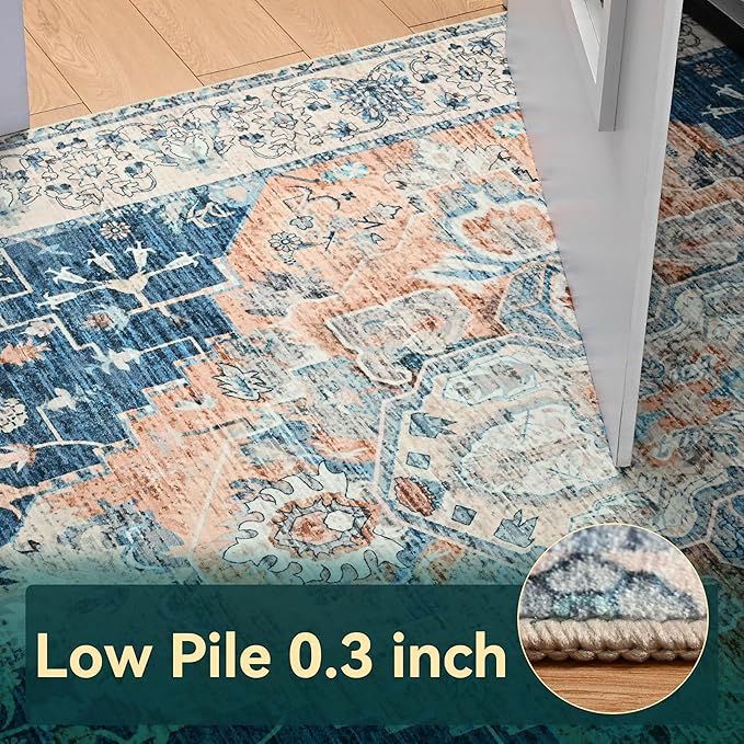 YJ.GWL Area Rugs for Living Room 6x9 Machine Washable Rugs, Non Slip Floral Vintage Rug Indoor Carpet, Stain Resistant Large Rug for Bedroom Dining Room, Dark Blue