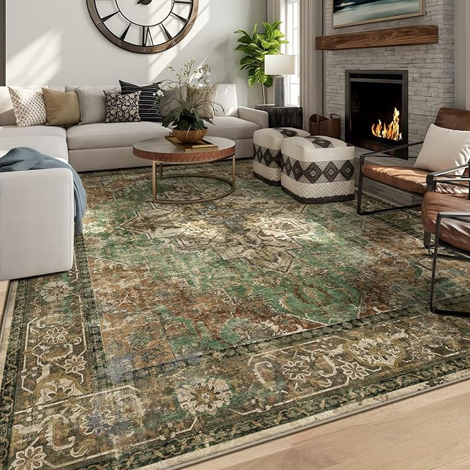 6x9 Machine Washable Area Rug for Living Room, Brown Green Boho Vintage Floral Rug Large Non-Slip Low Pile Soft Faux Wool Carpet, Kids and Pets Friendly for Bedroom Dining Room Farmhouse Decor Rug